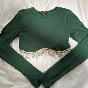 The Vintage Shop Emerald Crop Top with Beaded Fringe